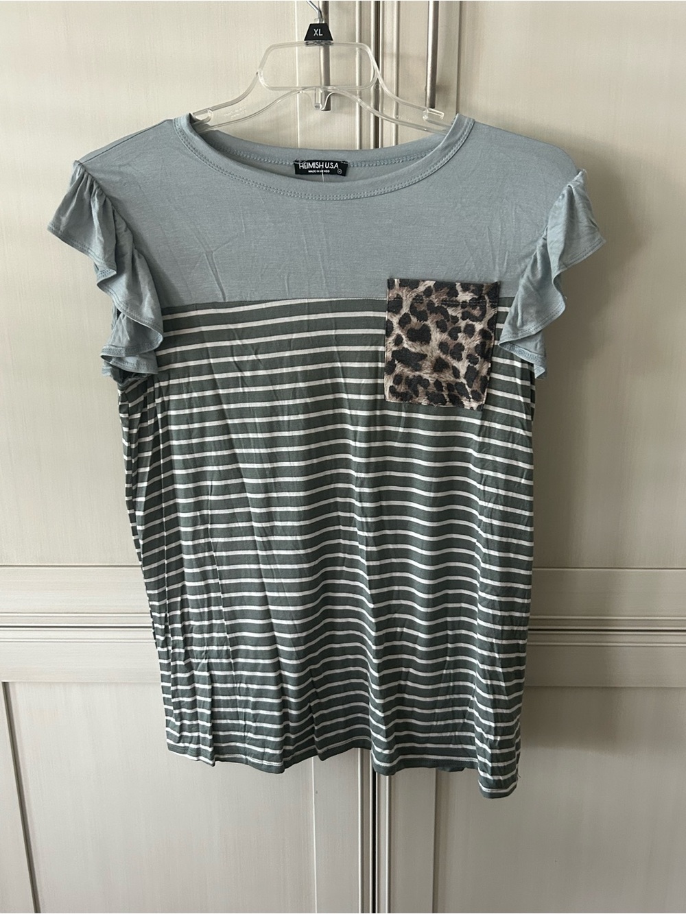 HEIMISH USA Olive Striped Casual Tee with Leopard Accent